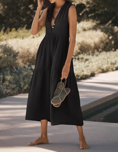 R.Vivimos Womens Summer Cotton Button V Neck Maxi Dress - color: Black, size: Large