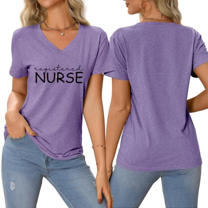 Registered Nurse Shirt Women Cute Nurse Tshirt Nursing Work - color: Purple, size: Medium