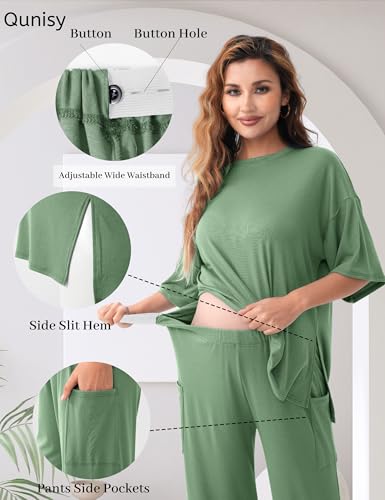 Maternity Lounge Set, 2 Piece Matching Set with Wide Leg Pants - color: Sage Green, size: Small