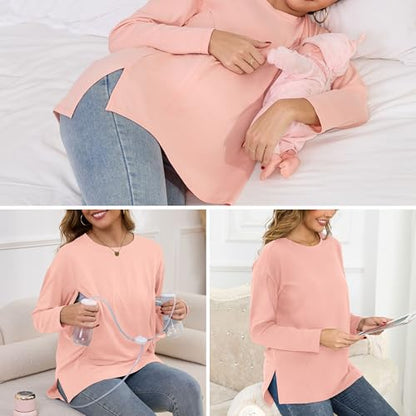 Women's Nursing Shirts Long Sleeve with Hidden Zipper Oversized Breastfeeding Tops Side Split Maternity Blouse - color: Dusty Pink, size: Medium
