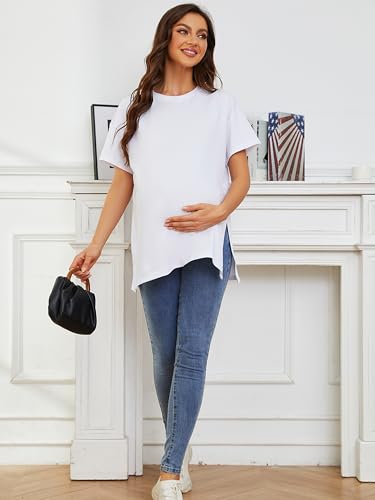 Ecavus Maternity Shirts Side Split Soft Cotton Loose Fit Pregnancy Tops - color: White, size: Small