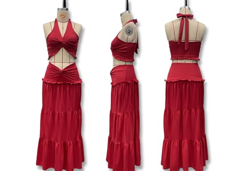 Famnbro Womens 2 Piece Skirt Sets Y2k Halter Top Flowy Ruffle Maxi Skirts - color: Red, size: Large