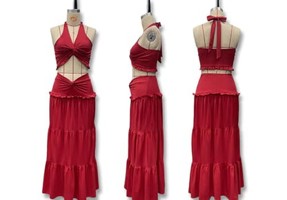 Famnbro Womens 2 Piece Skirt Sets Y2k Halter Top Flowy Ruffle Maxi Skirts - color: Red, size: Large