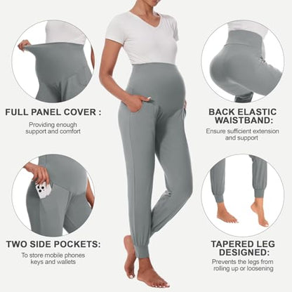 HIGHDAYS Maternity Pants with Pockets, Over Belly Thick Pregnancy Leggings - color: Light Gray, size: Small