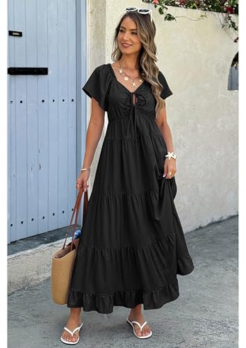 ECOWISH Womens Summer Maxi Dress 2026 Flutter Short Sleeve V Neck Tie Front Wedding Guest Vacation Tiered Flowy Dresses - color: Black, size: Medium
