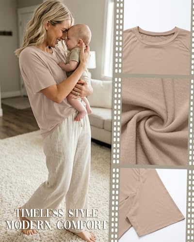 3 Pack Women's Oversized Nursing Tops - color: Light Khaki, Pink, Grass Green, size: Large