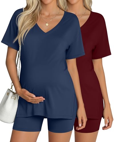 2 Pack Women Maternity Set Pregnancy Outfit - color: Navy Blue, Wine Red, size: Large