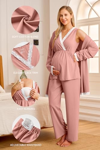 OUGES Womens Cotton Blend Maternity Nursing Robe Set 3 PCS Postpartum 3 in 1 Labor Delivery Hospital Pjs Tank Top & Pants - color: Pink, size: Small