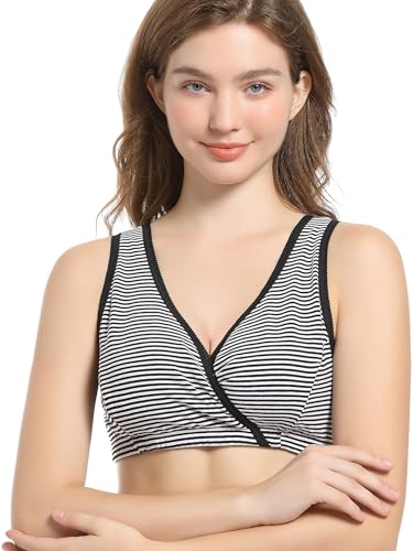 CAKYE 3 Pack Maternity Nursing Sleep Bra Breastfeeding Cotton Bralette - color: Black/Small White Black Stripe/Black Dark Gray Stripe, size: Small