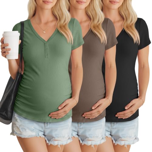 3 Pack Women's Maternity Shirts - color: Gray Green, Light Coffee, Black, size: Small