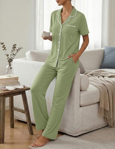 Womens Pajamas Sets 2 Piece Button Up Pj Sets Short Sleeve with Long Pant - color: Bean Greens, size: Medium