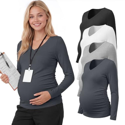 Neer 4 Pack Maternity Long Sleeve V Neck Under Scrub Tops - color: Black, White, Dark Gray, Light Heather Gray, size: Small