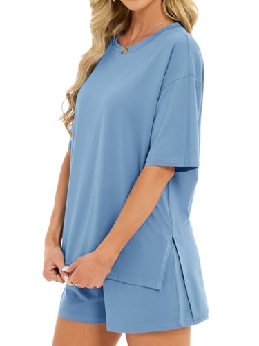 Women's 2 Piece Short Sets Loose Lounge Sets Oversized Summer Matching Sets - color: Blue, size: XX-Large