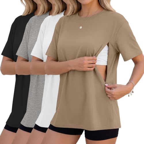 4 Pack Nursing Breastfeeding Shirts - color: Khaki, White, Light Gray, Black, size: XX-Large