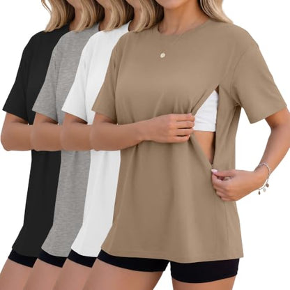 4 Pack Nursing Breastfeeding Shirts - color: Khaki, White, Light Gray, Black, size: Large