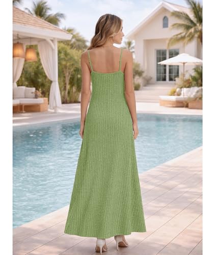 LILBETTER Women's Summer Maxi Dress Casual Flowy Spaghetti Strap Beach Long Dresses with Pockets - color: Green, size: X-Large