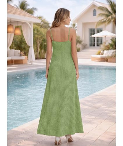LILBETTER Women's Summer Maxi Dress Casual Flowy Spaghetti Strap Beach Long Dresses with Pockets - color: Green, size: X-Large