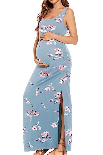 Smallshow Women's Split Long Maternity Dress - color: Floral Blue, size: X-Large