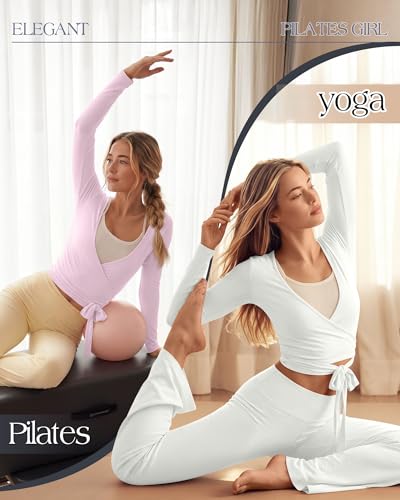 Oakgarden 3 Pack Womens Pilates Ballet Wrap Tops Front Tie Shirt - color: Black, Beige White, Pink, size: X-Large