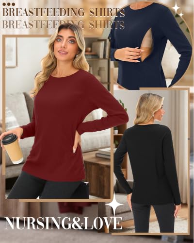 Neer 3 Pack Women's Nursing Hidden Zipper Long Sleeve Shirts - color: Wine Red, Navy Blue, Black, size: Large