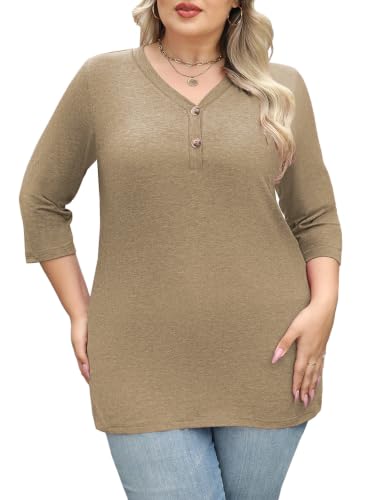 Womens Summer Plus Size 3/4 Length Sleeve Tops Button Down Shirts L-4XL - color: Beige, size: 3X-Large
