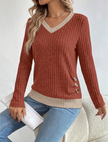 Sampeel V Neck Long Sleeve Shirts Button Side Sweaters Color Block Tops - color: Caramel, size: X-Large