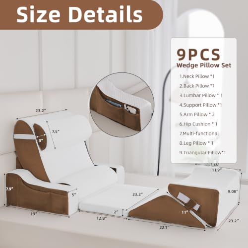 Wedge Pillow Set for After Surgery,White/Dark Brown,9PCS-23.2" - color: White/Dark Brown, size: 9PCS-23.2''