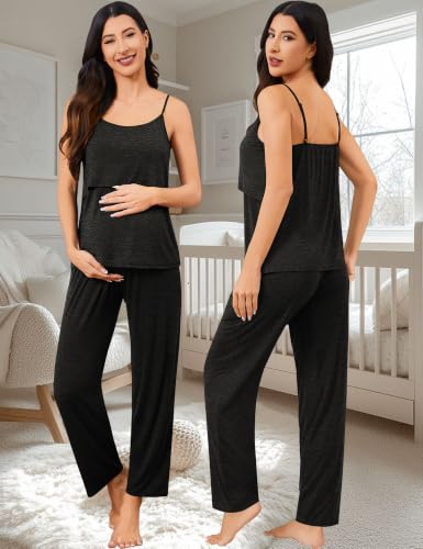 SWOMOG Maternity Nursing Robe Set 3 PCS Postpartum Pajamas Breastfeeding Pregnancy Robe & Camisole & Pants - color: Black Grey, size: X-Large