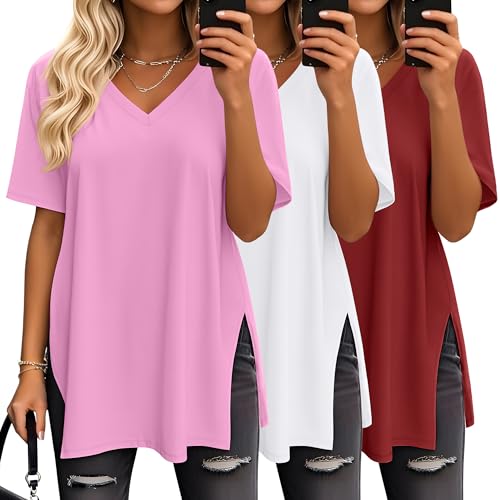 Huukeay 3 Pack Oversized Shirts for Women V Neck - color: Magnolia Pink, White, Wine Red, size: Large
