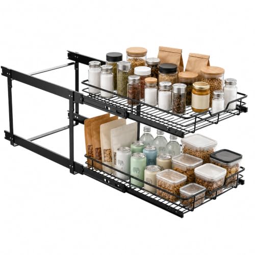Matte Black 2 Tier Pull Out Cabinet Organizer 15" W x 22" D, Heavy Duty Cabinet Pull Out Shelves, Slide Out Drawers Organization for Kitchen Cabinets Bathroom Pantry, Black Stainless Steel - color: Black