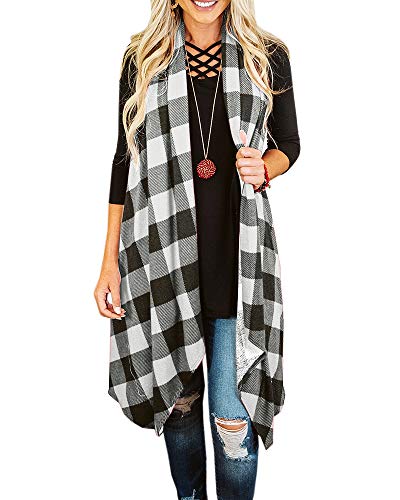 Ivay Womens Plaid Open Front Sweaters Sleeveless Duster Cardigans Drape Lightweight Vest Coat with Pockets - color: White, size: Small