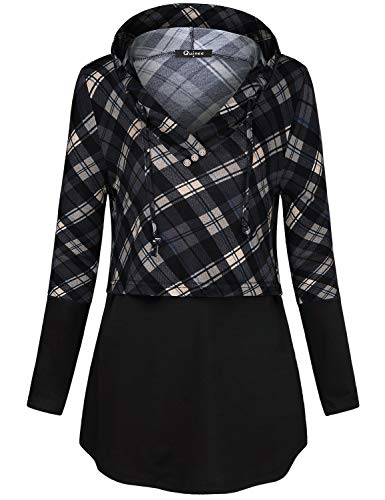 Quinee Women's Long Sleeve Plaid Colorblock Nursing Pullover Hoodie Sweatshirts - color: Black Grey Plaid, size: XX-Large