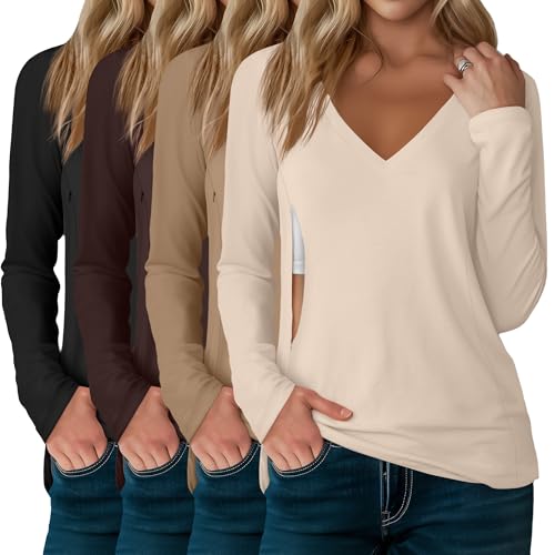 4 Pack Women's Long Sleeve Nursing Maternity Shirts - color: Black, Brown, Khaki, Apricot, size: Large