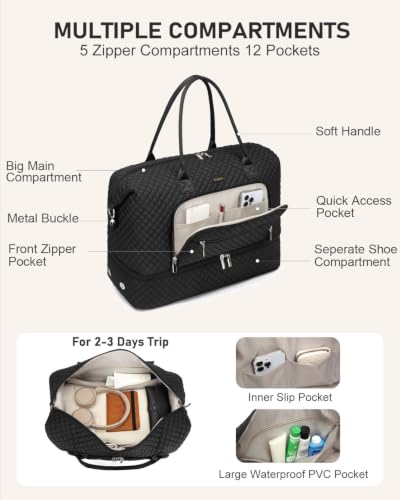 Large Travel Duffle Bags for Women: Weekender Bag with Shoe Compartment - color: Black, size: Medium