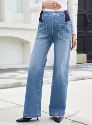 BLENCOT Maternity Jeans Wide Leg High Waist Denim Pants with Pockets - color: Dusk Blue, size: X-Large