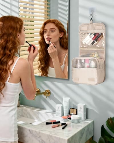 FINPAC Toiletry Bag, Large Capacity Hanging Makeup Bag - color: Beige