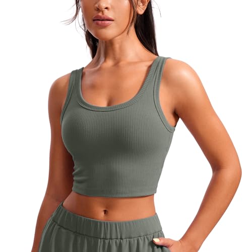 CRZ YOGA Ribbed U Neck Crop Tank Tops - color: Grey Sage, size: X-Large