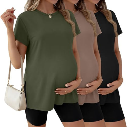 Ficerd 3 Pack Women's Maternity T Shirts - color: Black, Coffee, Army Green, size: X-Large