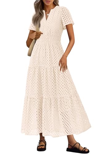 PRETTYGARDEN Women's Summer Hollow Out Eyelet Maxi Dress - color: Beige, size: Large