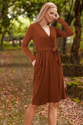 Newshows Women's Sweater Pockets Belted Fall Teacher Business Casual Dress - color: Caramel, size: Medium