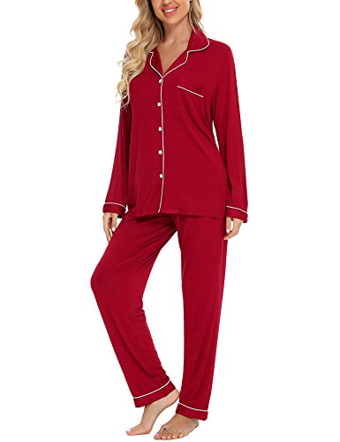 Anjue Pajamas For Women Set Long Sleeve Button Up Sleepwear Soft Pjs - color: Wine Red, size: Large
