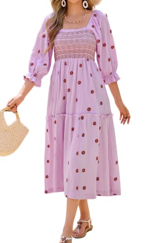 R.Vivimos Women's Cotton Floral Embroidered Boho Midi Dress with Pockets - color: Lightpurple, size: Medium