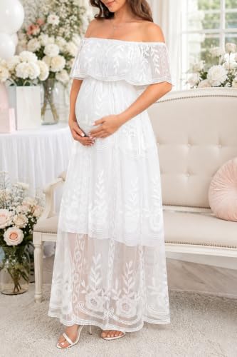 Women's Off Shoulder Maternity Dress Swiss Dot Boho Baby Shower Dress - color: White Lace, size: Medium