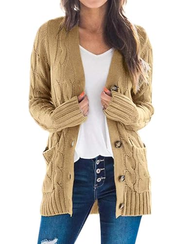 ZESICA Long Sleeve Button Down Open Front Cable Knit Cardigan Sweaters - color: Khaki, size: X-Large