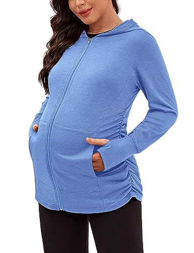 DEBELLY Maternity Sweatshirt Zip Up Hoodie Pockets Pregnancy Postpartum - color: Light Blue, size: Medium