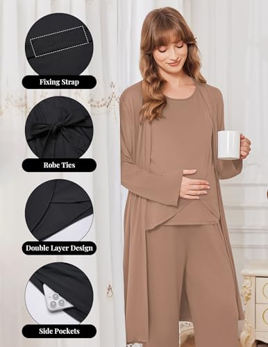 Ekouaer Maternity Pajamas Nursing Robe Set 3 Pieces Post Partum Lounge Sets - color: Khaki, size: Large