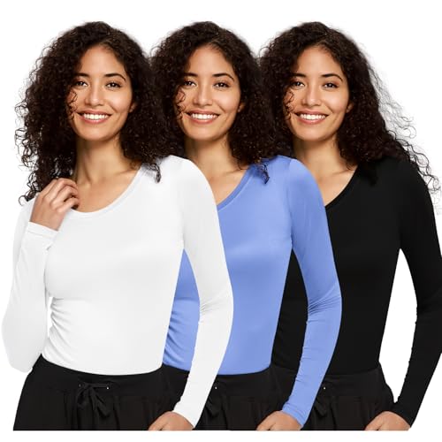 COZYFIT 3 Pack Underscrub Long Sleeve Women, Scrubs Undershirts, Crew Neck - color: Black/White/Ceil Blue, size: Small