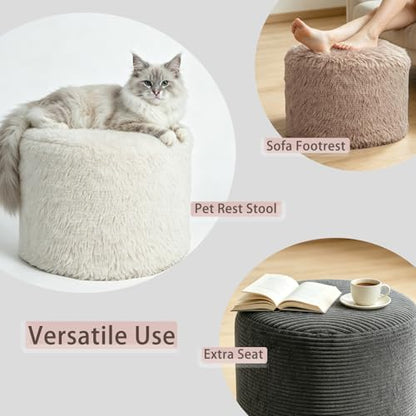 LPMOERA Round Portable Storage Ottoman Pouf, Faux Fur Foot Rest Stool Camel - color: Camel
