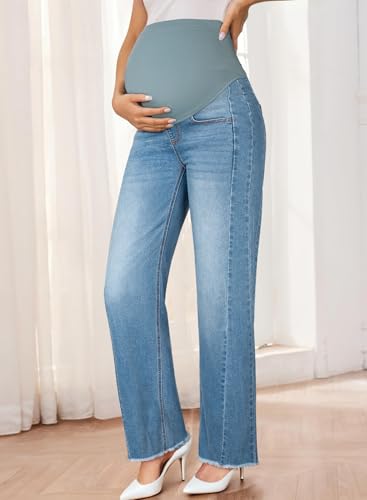 BLENCOT Women Maternity Jeans Bootcut Straight Leg Stretchy Denim Pants - color: Light Blue, size: Medium