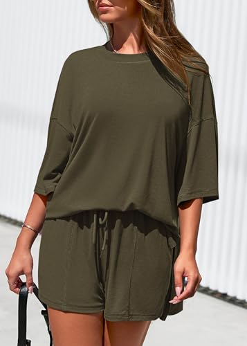 KIRUNDO 2 Piece Sets for Women Summer Lounge Sets Casual - color: Army Green, size: Large